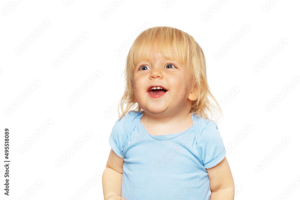 Blond toddler boy with open mouth isolated on white