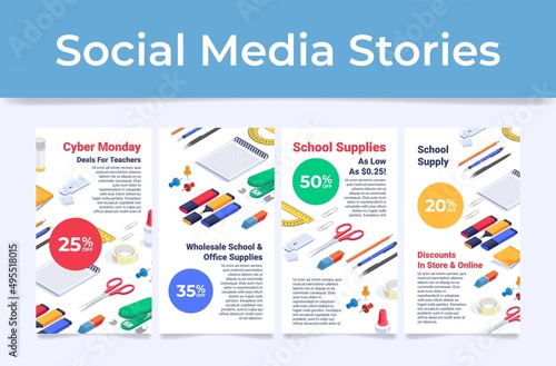 Collection school supply discount social media stories with place for text vector illustration
