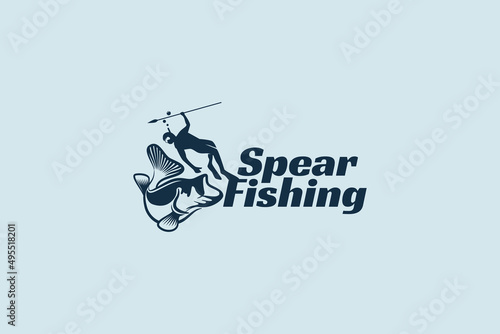 spearfishing logo with a man diving and hunting big fish in the water using a spear
