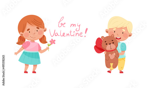 Be my Valentine. Adorable cute boy and girl in love cartoon vector illustration