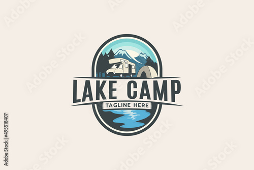 lake camp logo with a combination of natural scenery, water, RV and tent.