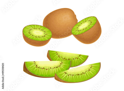 Fresh ripe exotic kiwi set. Whole and pieces of sweet organic fruit vector illustration