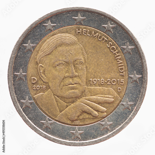 Germany - circa 2018: a 2 Euro coin of Germany with the portrait of the politician and Chancellor Helmut Schmidt