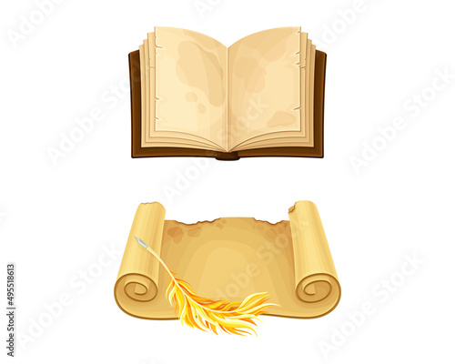 Old parchment paper scroll and opened book set vector illustration