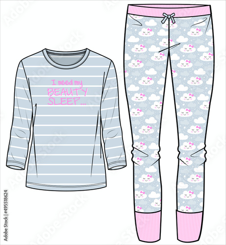 WOMEN STRIPE TEE AND JOGGERS WITH CLOUD PRINT NIGHTWEAR SET IN EDITABLE VECTOR FILE
