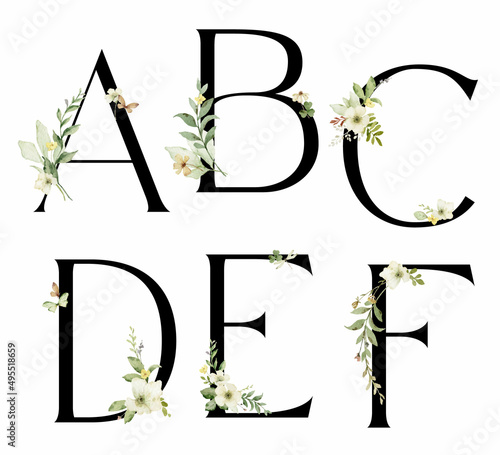 Floral alphabet, vector letters A, B, C, D, E, F with watercolor flowers and ...