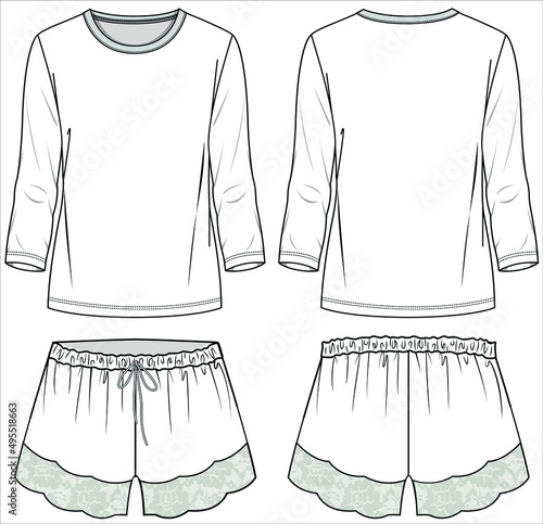 WOMEN LONG SLEEVES TEE AND LACY SHORTS NIGHTWEAR SET IN EDITABLE VECTOR FILE