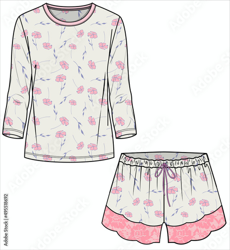 WOMEN TEE AND SHORTS IN FLORAL PRINT WITH LACE DETAIL NIGHTWEAR SET IN EDITABLE VECTOR FILE