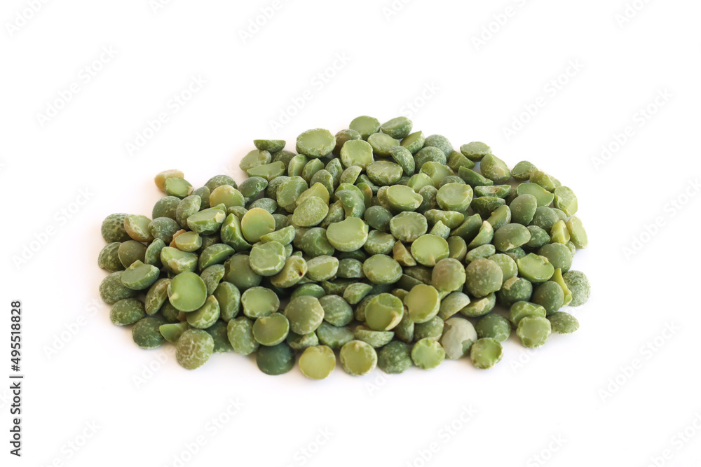 Green split peas isolated on white background. Ingredient for soup. Legumes source of protein and fibre Green split peas isolated on white background. Ingredient for soup. Legumes source of protein and fibre