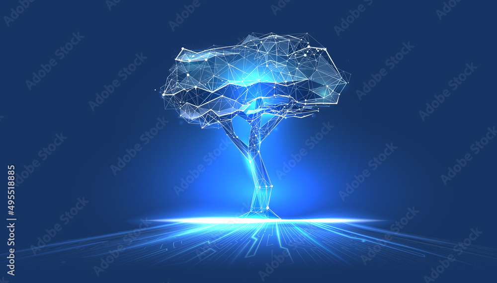 Tree growth as a leadership concept in digital futuristic polygonal style. Technological source of energy or artificial intelligence. Vector illustration