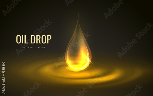 Drop oil golden color ripples in a glowing futuristic style on a black background. Cosmetic product presentation concept with essence, natural oils or serum. Vector illustration