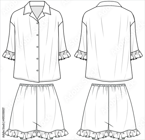 RESORT COLLAR PAJAMA SET WITH FRILLS SHORTS FOR WOMEN AND TEEN GIRLS IN EDITABLE VECTOR FILE