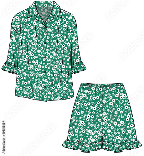 WOMEN AND TEEN GIRLS NOTCH COLLAR TOP AND SHORTS NIGHTWEAR SET IN EDITABLE VECTOR FILE