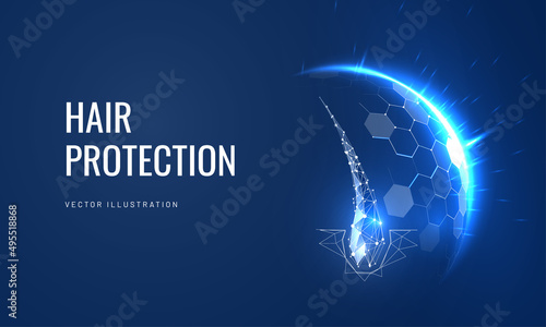 Hair follicle treatment low poly landing page template. Trichology science web banner. 3d hair root with glowing polygonal illustration. Baldness prevention clinic mesh art homepage design layout