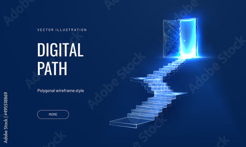 Open door at digital path, futuristic science fiction concept of doorway. Technology portal in a polygonal wireframe glowing style. Vector illustration on a blue background.