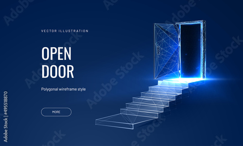Open door at digital path futuristic science fiction concept of doorway. Technology portal in a polygonal wireframe glowing style. Vector illustration on a blue background.