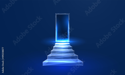 Digital steps leading into the future in a futuristic polygonal style. Glowing tech digital path to an open door. Vector illustration.