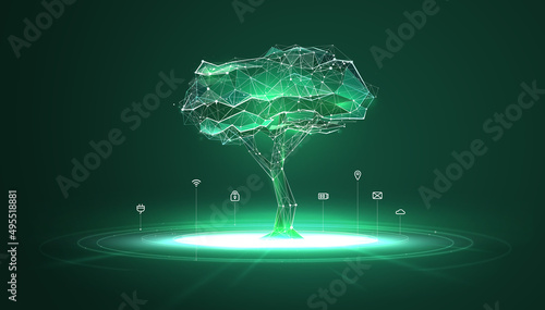 Digital biotechnology tree in futuristic polygonal style. Holographic plant concept for biotechnology or bioengineering. Vector illustration with light effects