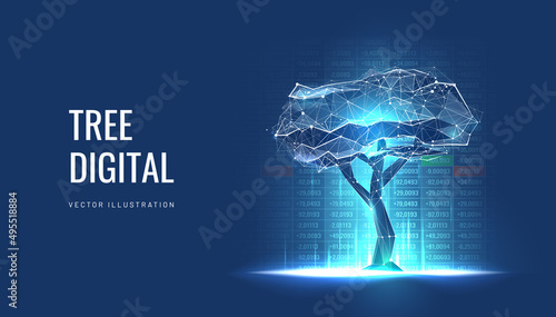 Digital tree on the background of a graph with numbers in a futuristic polygonal style. Concept of creating capital or investing or stock market. Vector illustration with light effects