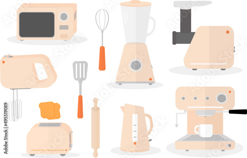 set of equipment for the kitchen kettle microwave blender mixer meat grinder coffee maker toaster