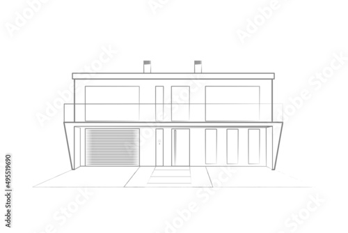 Modern house building sketch. Front view. Architectural plan of a contemporary house. Construction architecture designing line art background. Vector illustration