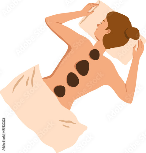 Woman during Stone Massage Cartoon Illustration