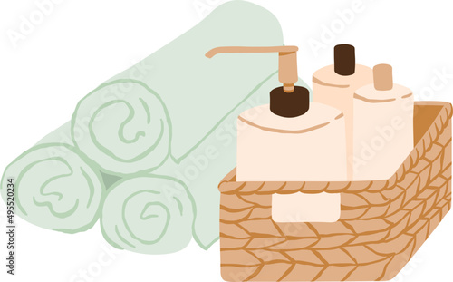 Wicker Basket of Beauty Cosmetic Products Cartoon Illustration