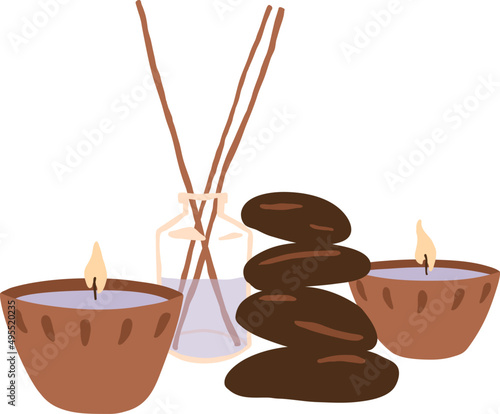 Composition of Stones Candles and Aroma Sticks Cartoon Illustration