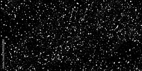 Silver confetti point on a black background. Luxury festive background. Silver grainy abstract texture overflows against a black background. Element of design. Vector illustration, EPS 10.