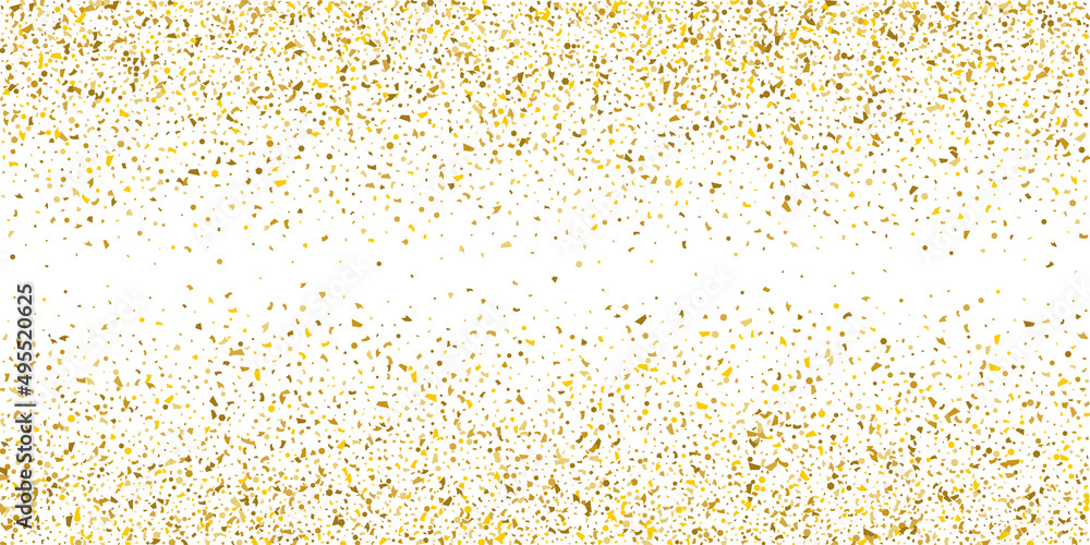 Golden glitter confetti on a white background. Illustration of a drop of shiny particles. Decorative element. Luxury background for your design, cards, invitations, gift, vip.