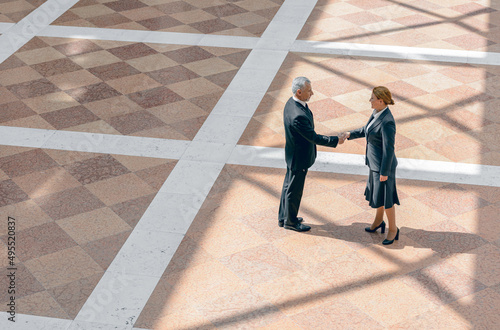 Side view photo of colleagues standing in office hall shaking hands