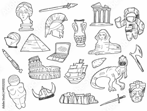 Doodle History Line Art Illustration. Hand Drawn Vector Clip Art. Banner Set Logos.