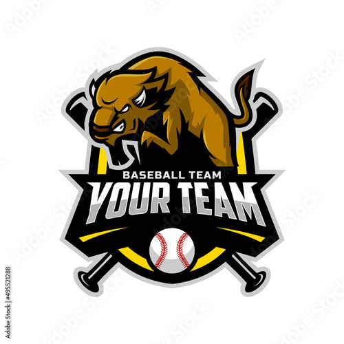 bison mascot for baseball team logo. school, college or league. Vector illustration.