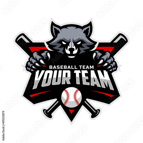 Raccoon mascot for baseball team logo. Vector illustration.
