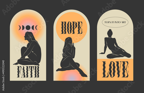 Vector hand drawn illustration of sitting girls. Template for card, poster, banner, print for t-shirt, instagram stories, pin, badge, patch.
