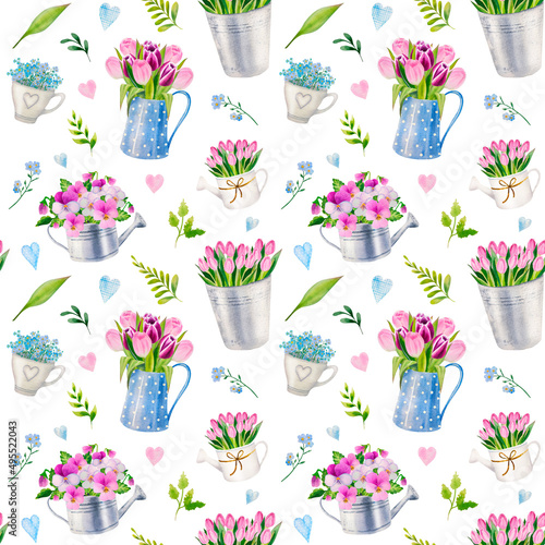 watercolor spring seamless pattern with flowers and garden elemements photo