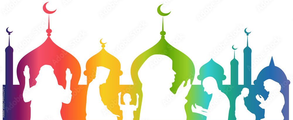 Silhouette of muslim men and woman praying, ramadan kareem