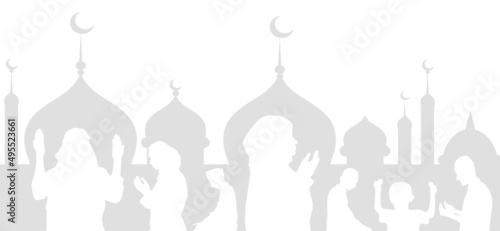 Silhouette of muslim men and woman praying, ramadan kareem