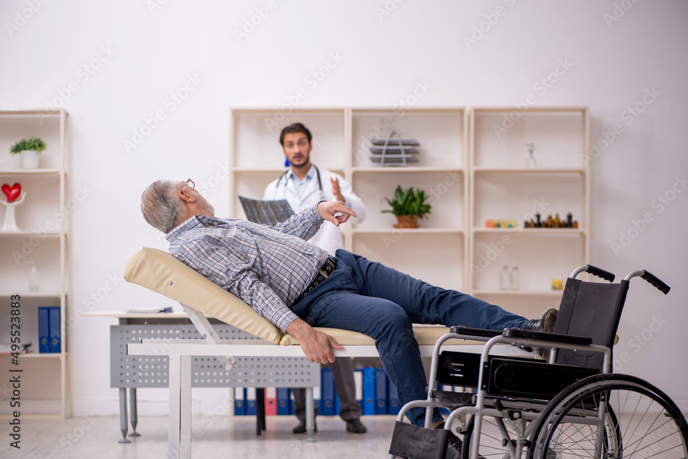 Old injured man visiting young male doctor radiologist Old injured man visiting young male doctor radiologist