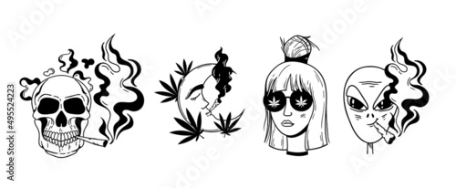Weed leaves hand drawn cliparts bundle, Cannabis pot leaf isolated items on white, Marijuana good vibes printable images set, smoking girl and skull, vector