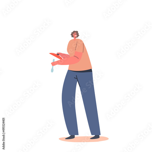 Woman Holding Spoon and Pan Lid, Single Female Character Cooking Isolated on White Background. Mother, Housewife, Chef