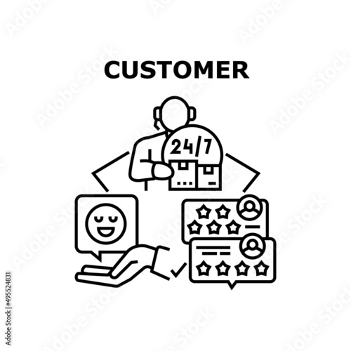Customer Help Vector Icon Concept. Customer Help Around Clock And Online Consultation, Client Feedback And Review Of Product And Service. Call Center Worker Assistance Black Illustration