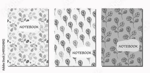 Trendy set of abstract floral covers. Monochrome colors. Universal cover layouts for notebooks, planners, brochures.