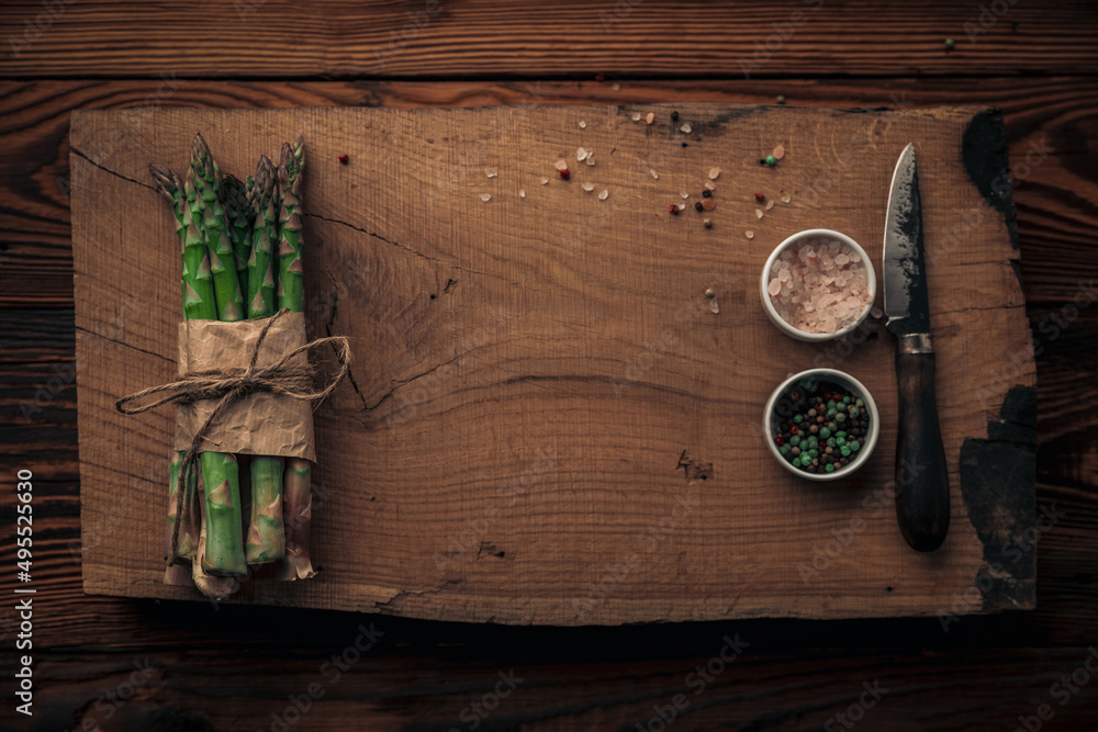 top view of a bunch of asparagus tied in bow top view of a bunch of asparagus tied in bow