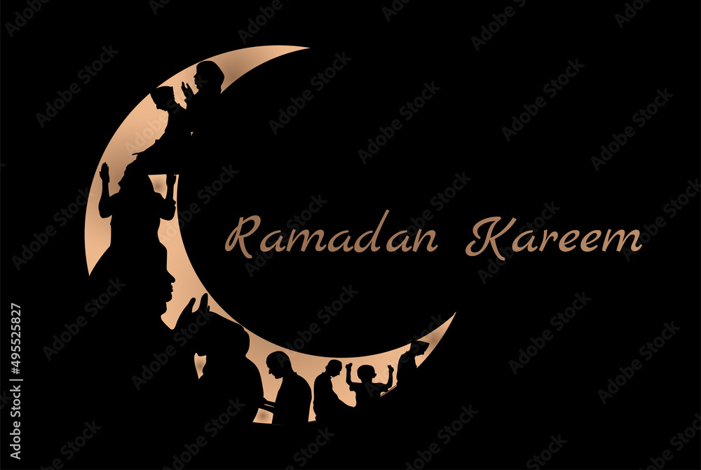 Fototapeta premium Silhouette of muslim men and woman praying, ramadan kareem
