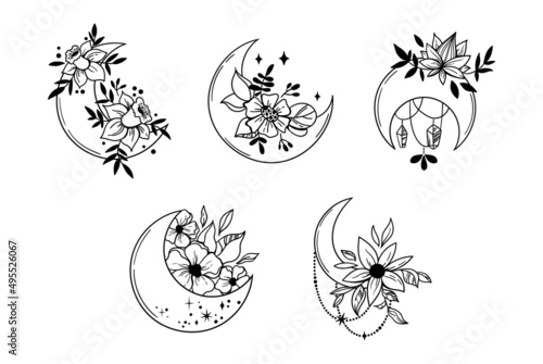 Mystical boho floral moon isolated cliparts bundle, celestial magic moon collection, space flowers and crescent moon line images, witchy esoteric objects - black and white vector