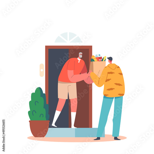 Delivery Man, Volunteer or Courier Male Character with Box in Hands Delivering Food to Senior Man During Pandemic