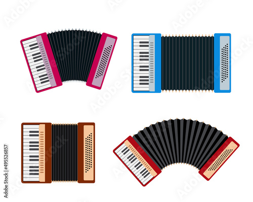 Set of classical accordions isolated on white background. Button accordion Keyboard musical instrument icons. Harmonica symbol for folk music concert Vector illustration in flat or cartoon style.