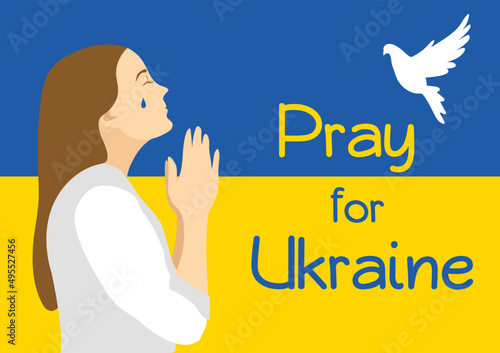 Pray for Ukraine lettering. Silhouette of praying woman with the national Ukrainian flag on background. Flat vector illustration