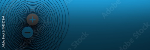 Wide banner with positive and negative charges and symbolic magnetic field on blue background with copy blank space photo